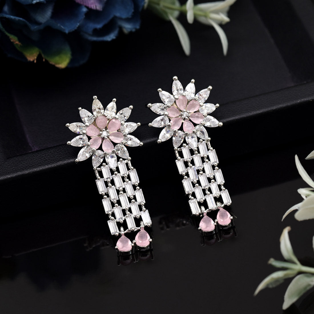 Pink Color American Diamond Earrings (ADE575PNK) - preyans.com