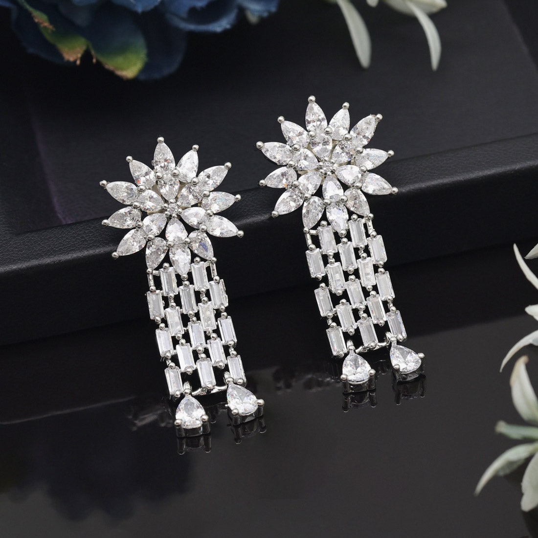 Silver Color American Diamond Earrings (ADE575SLV) - Preyans.com