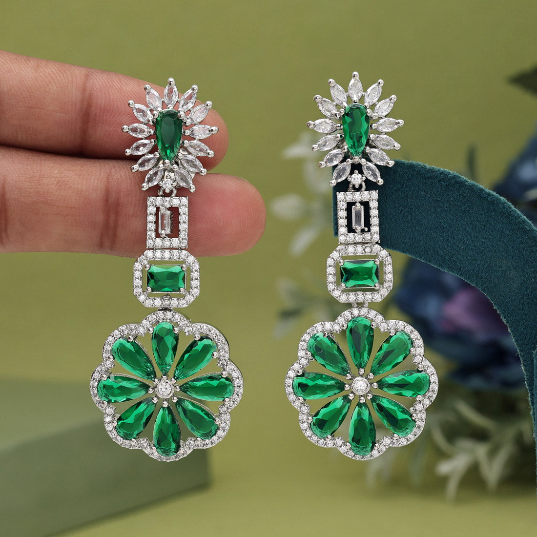 Green Color American Diamond Earrings (ADE576GRN) - preyans.com