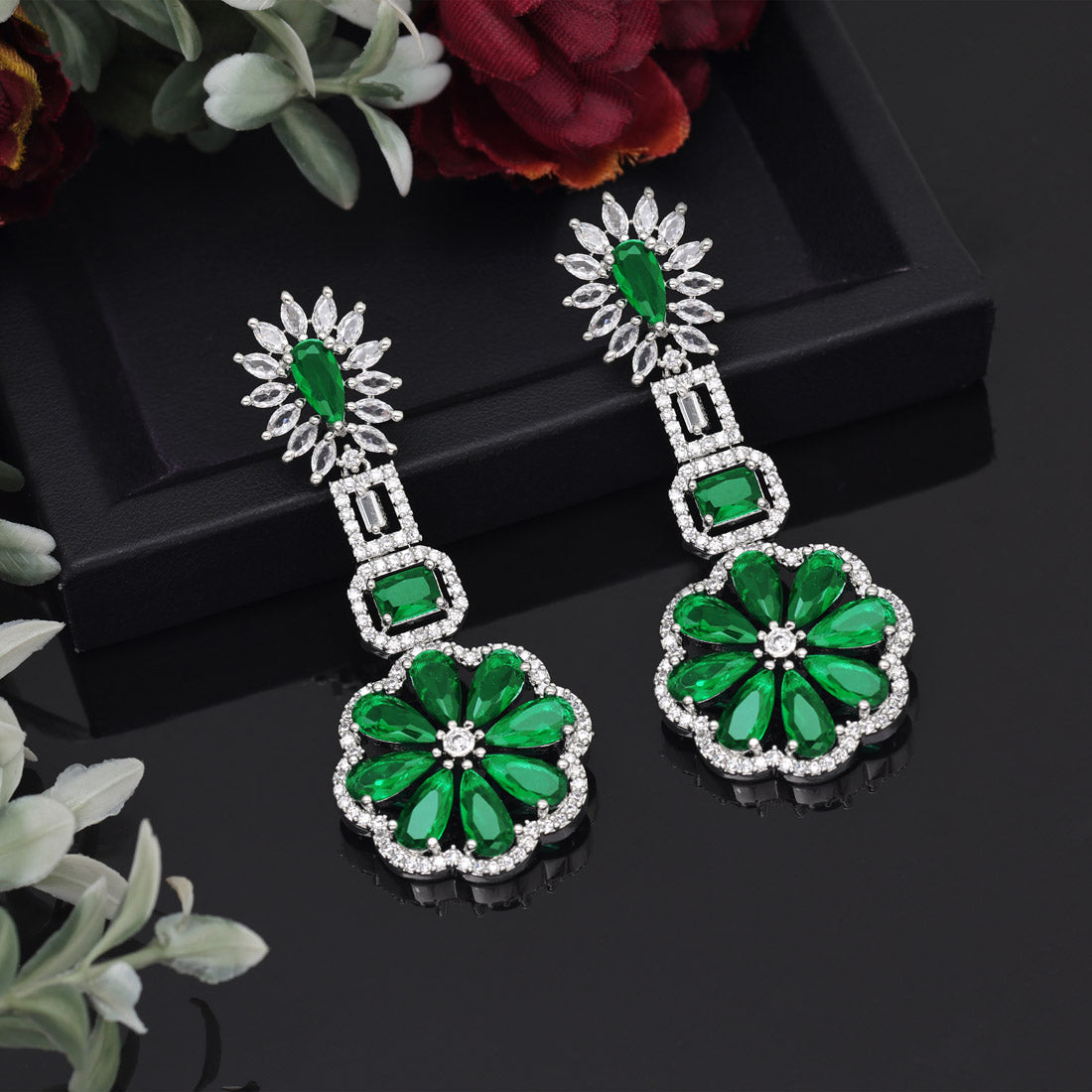 Green Color American Diamond Earrings (ADE576GRN) - preyans.com