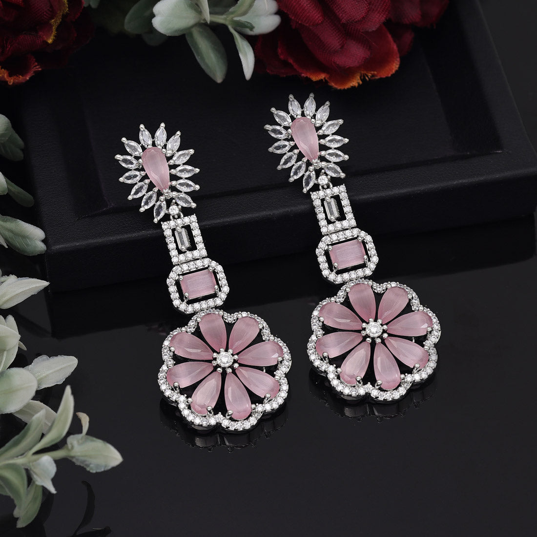 Pink Color American Diamond Earrings (ADE576PNK) - Preyans.com