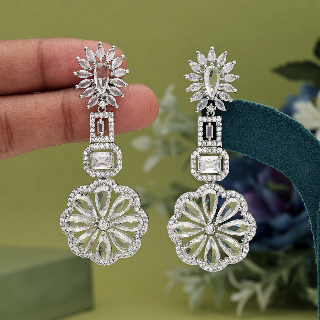 Silver Color American Diamond Earrings (ADE576SLV) - Preyans.com