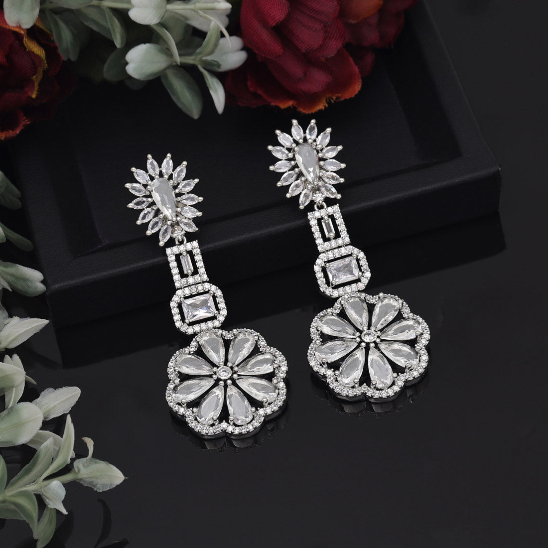 Silver Color American Diamond Earrings (ADE576SLV) - Preyans.com