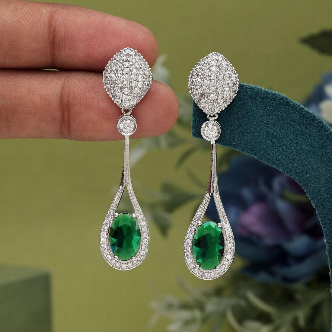 Green Color American Diamond Earrings (ADE580GRN) - preyans.com