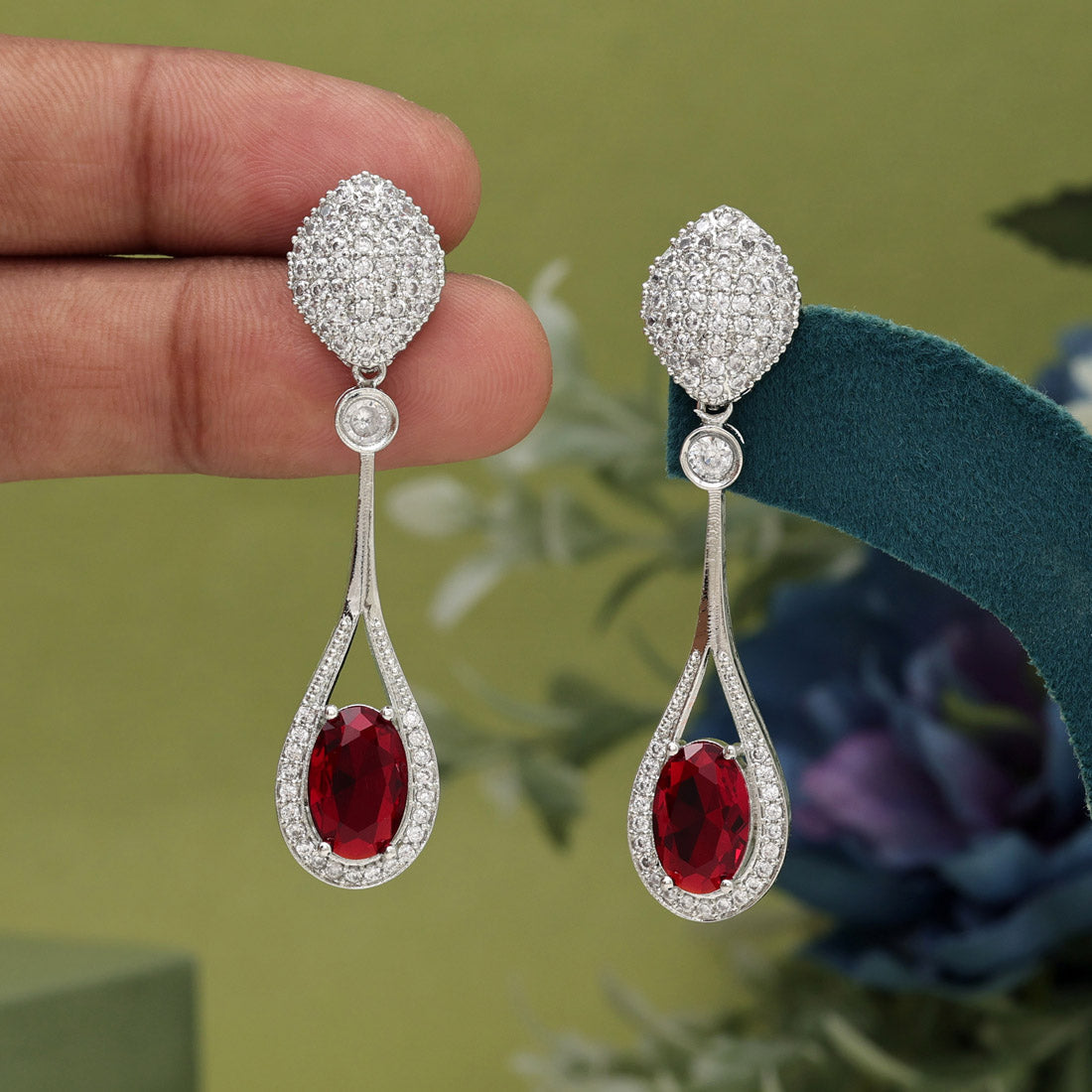 Red Color American Diamond Earrings (ADE580RED) - Preyans.com