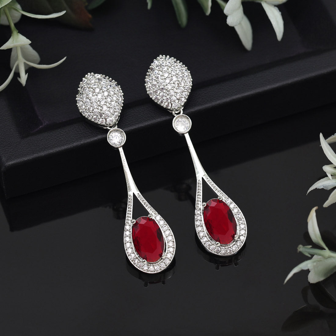 Red Color American Diamond Earrings (ADE580RED) - Preyans.com