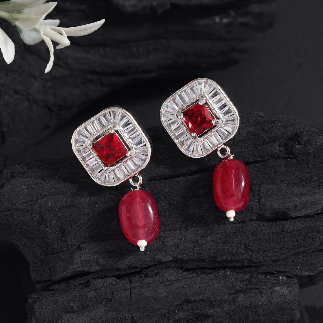 Maroon Color American Diamond Earrings (ADE583MRN) - preyans.com