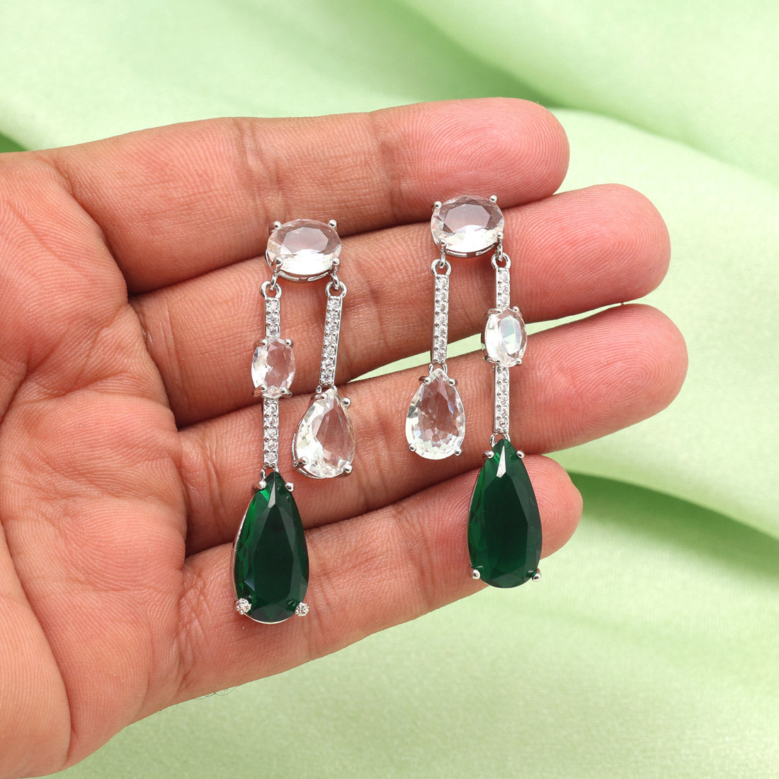 Green & White Color American Diamond Earrings (ADE587GRNWHT) - preyans.com