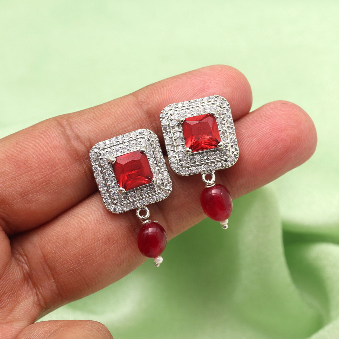 Ruby Color American Diamond Earrings (ADE589RUBY) - preyans.com