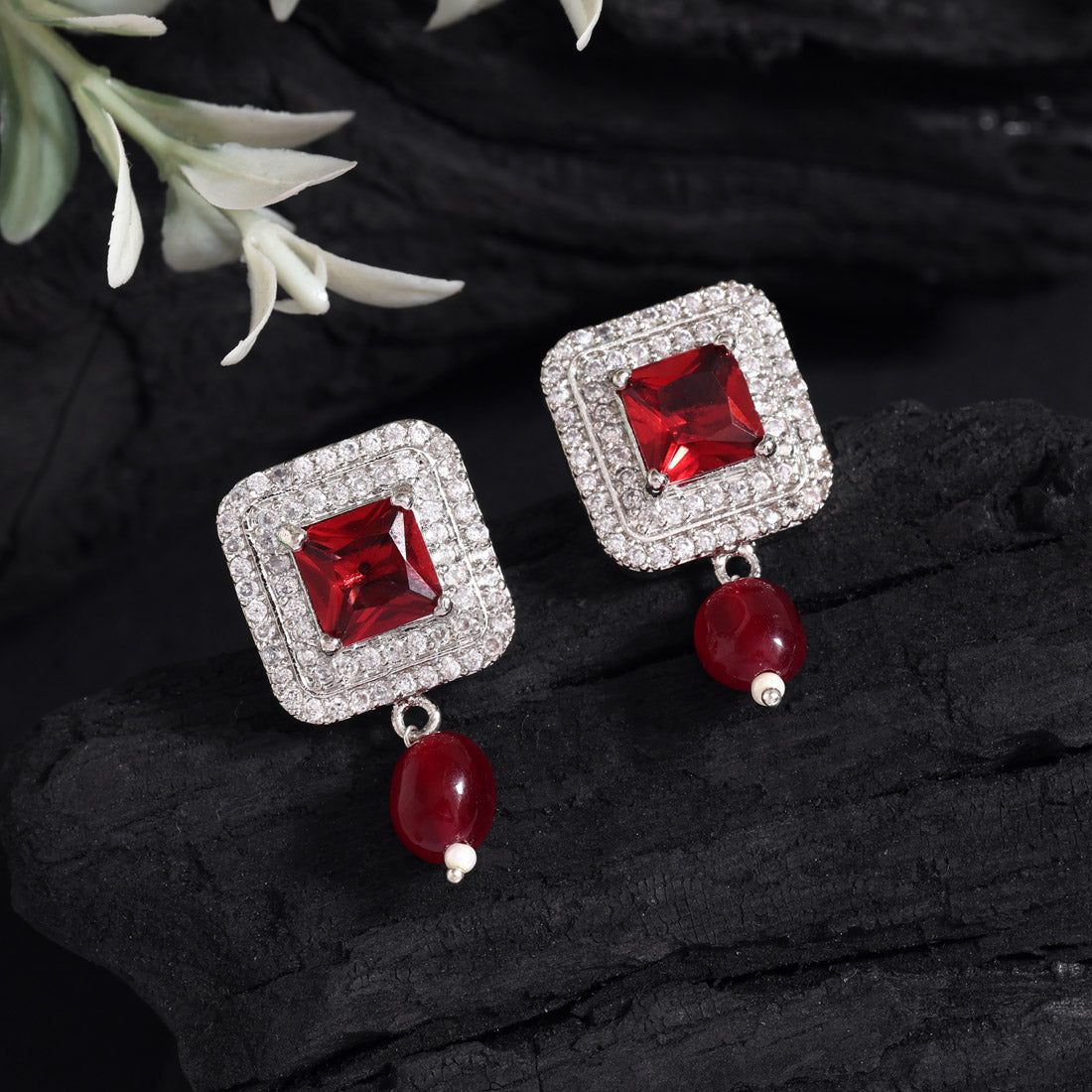 Ruby Color American Diamond Earrings (ADE589RUBY) - preyans.com