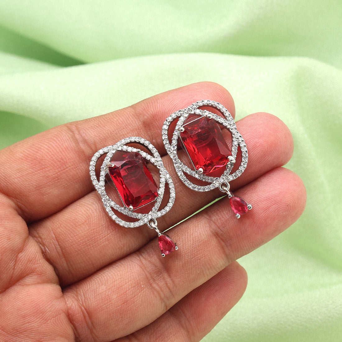 Ruby Color American Diamond Earrings (ADE590RUBY) - preyans.com