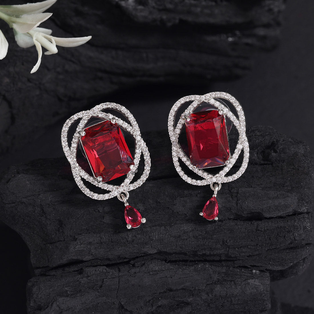 Ruby Color American Diamond Earrings (ADE590RUBY) - preyans.com