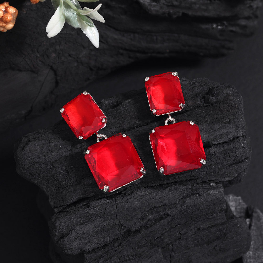 Red Color American Diamond Earrings (ADE591RED) - preyans.com