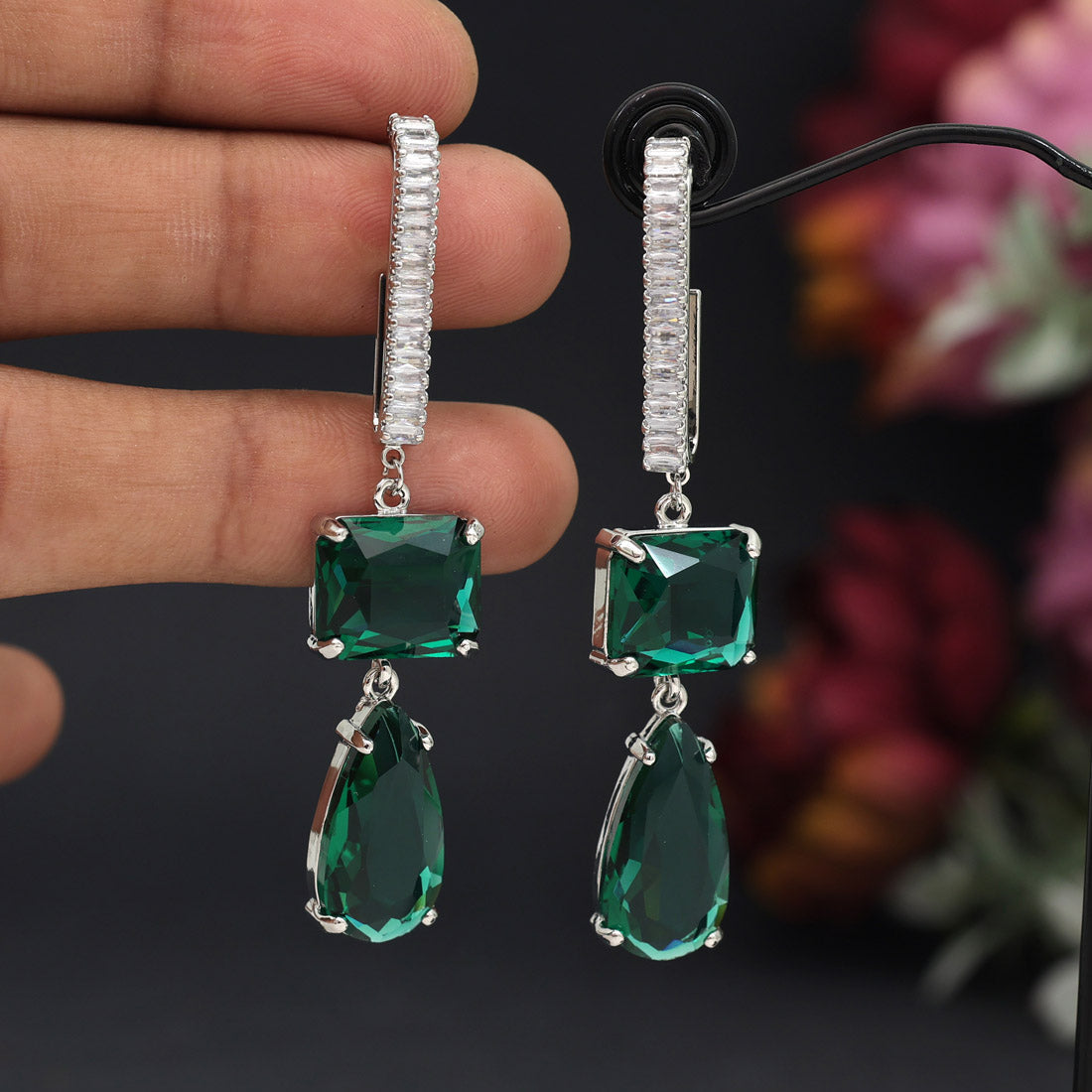 Green Color American Diamond Earrings (ADE594GRN) - preyans.com