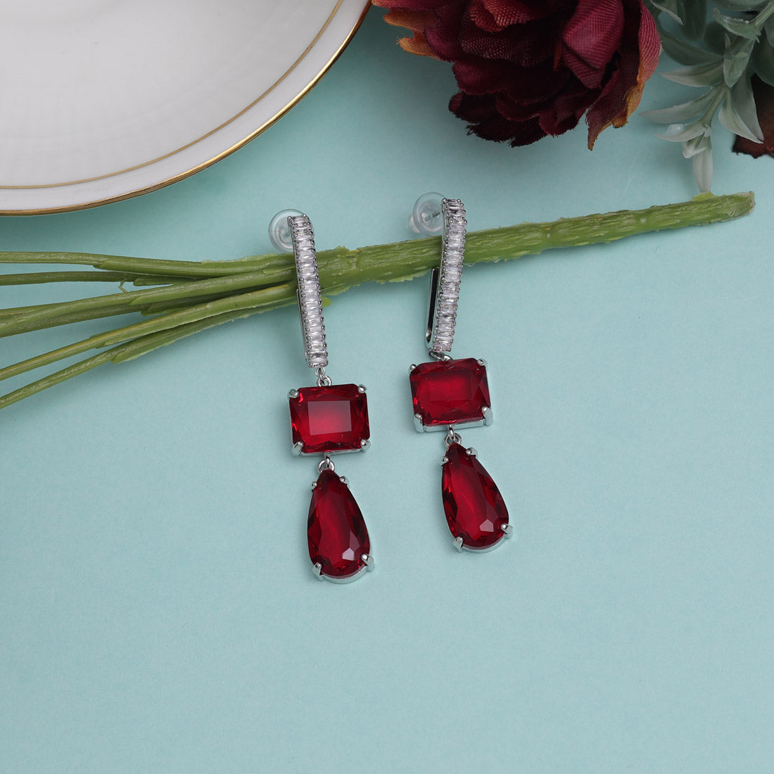 Red Color American Diamond Earrings (ADE594RED) - preyans.com