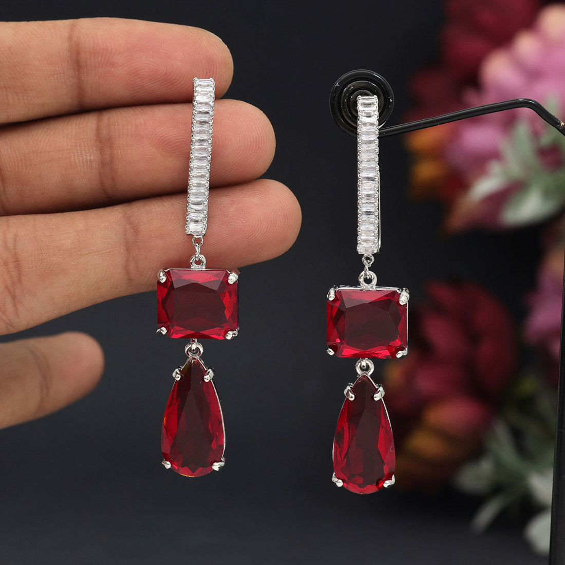 Red Color American Diamond Earrings (ADE594RED) - preyans.com