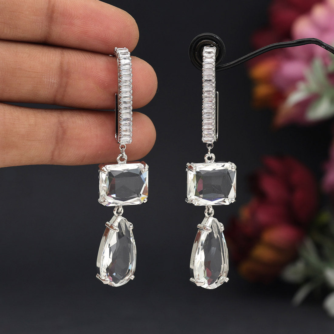 Silver Color American Diamond Earrings (ADE594SLV) - preyans.com