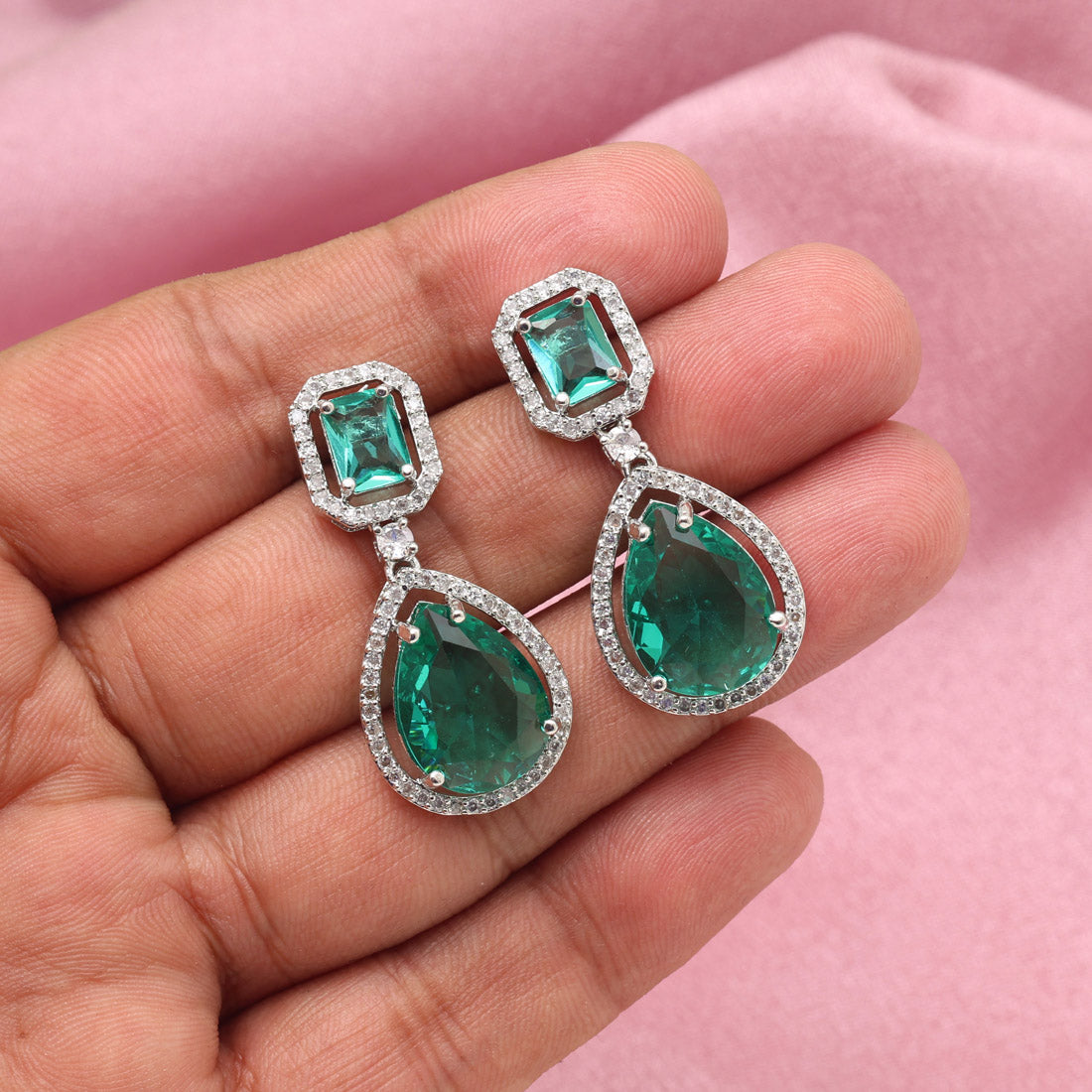 Rama Green Color American Diamond Earrings (ADE595RGRN) - preyans.com