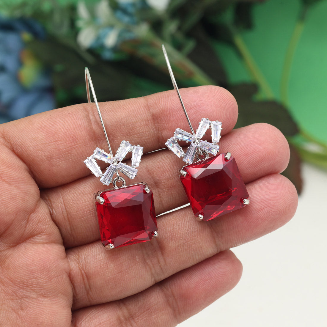 Red Color American Diamond Earrings (ADE597RED) - preyans.com