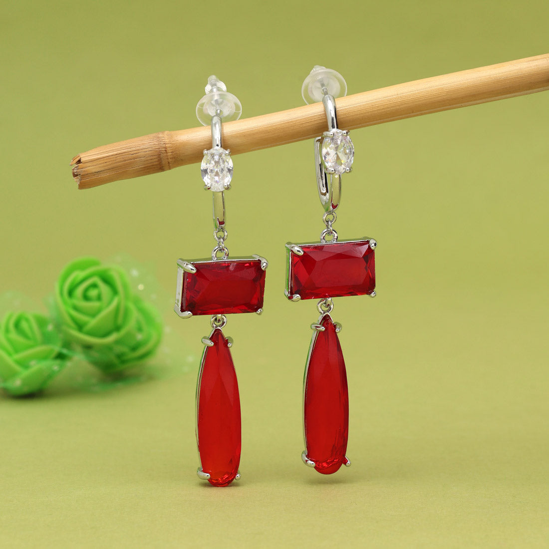 Red Color American Diamond Earrings (ADE599RED) - preyans.com