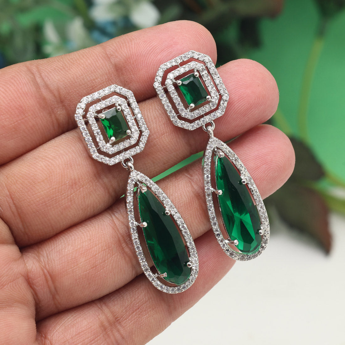 Green Color American Diamond Earrings (ADE600GRN) - preyans.com