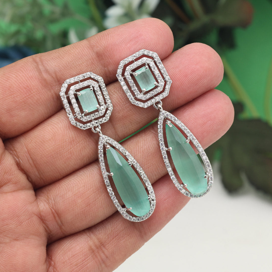 Pista Green Color American Diamond Earrings (ADE600PGRN) - preyans.com