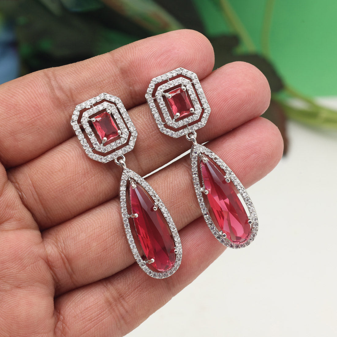 Ruby Color American Diamond Earrings (ADE600RUBY) - preyans.com