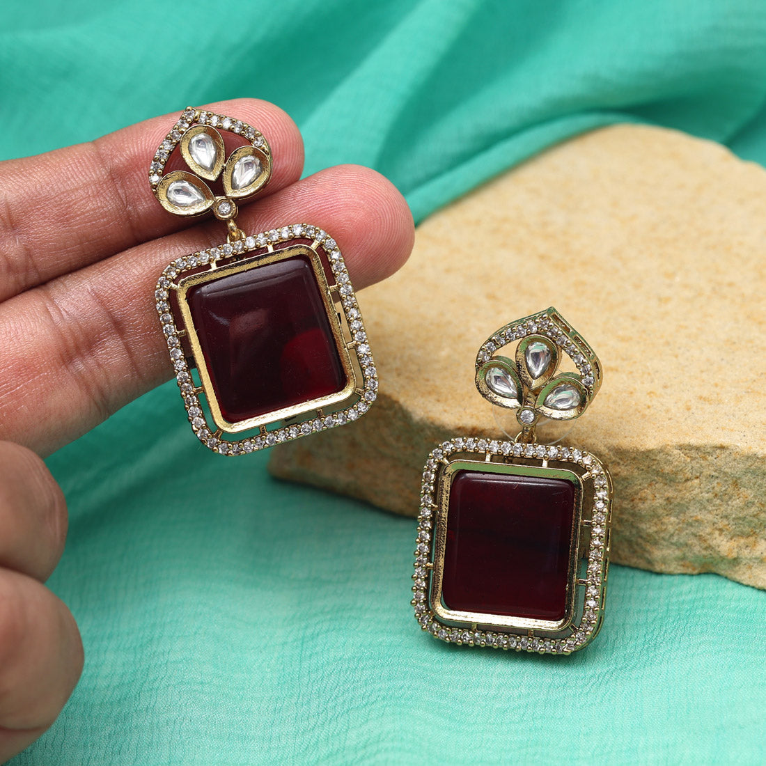 Maroon Color American Diamond Earrings (ADE602MRN) - preyans.com