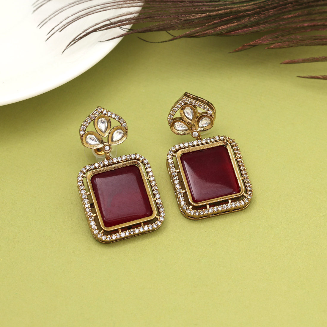 Maroon Color American Diamond Earrings (ADE602MRN) - preyans.com