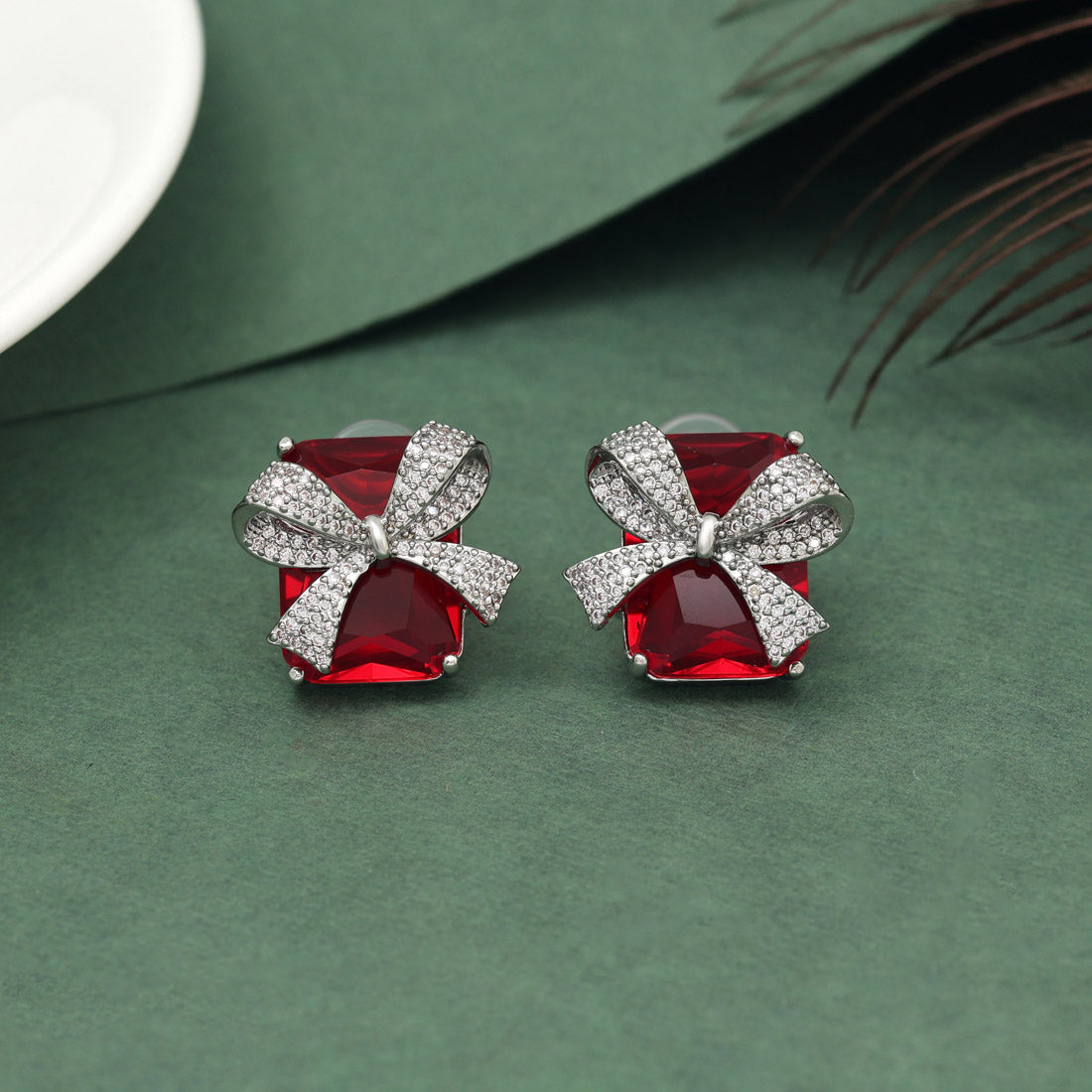 Red Color American Diamond Earrings (ADE607RED) - preyans.com