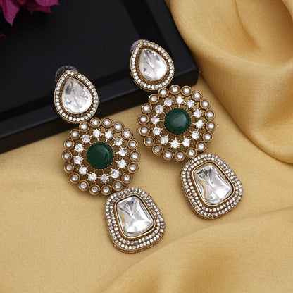 Green Color Royal Look Handmade Jaipur Earrings On Brass Metal With Moissanite Kundan And Monalisa Stones Studded On Apala Polish (ADE608GRN) - Preyans.com