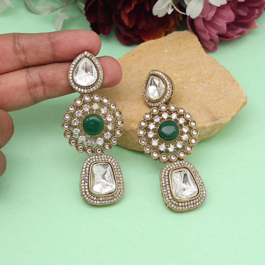 Green Color Royal Look Handmade Jaipur Earrings On Brass Metal With Moissanite Kundan And Monalisa Stones Studded On Apala Polish (ADE608GRN) - Preyans.com