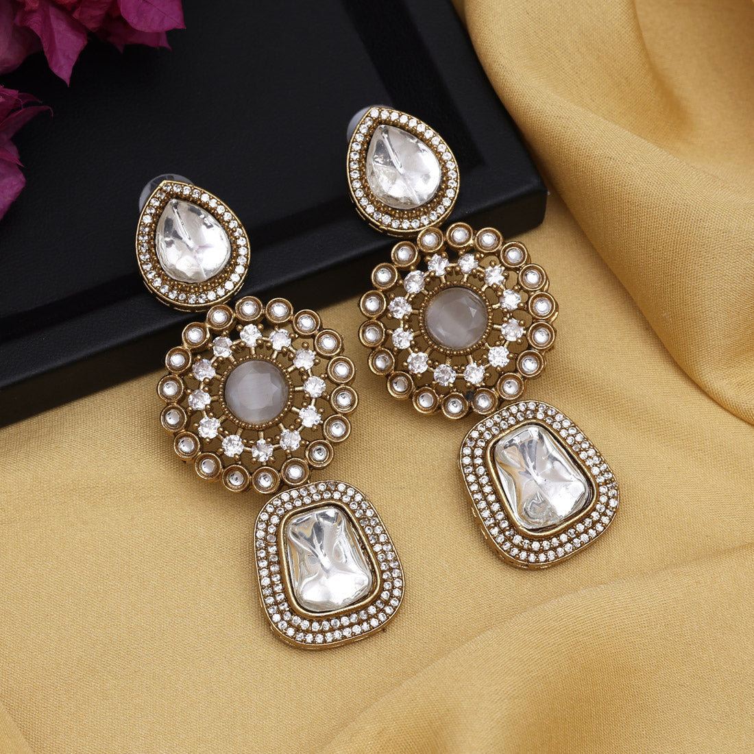 Off White Color Royal Look Handmade Jaipur Earrings On Brass Metal With Moissanite Kundan And Monalisa Stones Studded On Apala Polish (ADE608OWHT) - Preyans.com