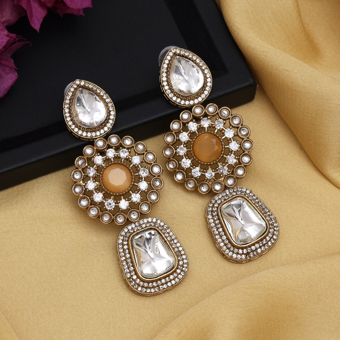 Peach Color Royal Look Handmade Jaipur Earrings On Brass Metal With Moissanite Kundan And Monalisa Stones Studded On Apala Polish (ADE608PCH) - Preyans.com