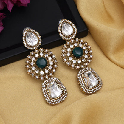 Turquoise Blue Color Royal Look Handmade Jaipur Earrings On Brass Metal With Moissanite Kundan And Monalisa Stones Studded On Apala Polish (ADE608TBLU) - Preyans.com