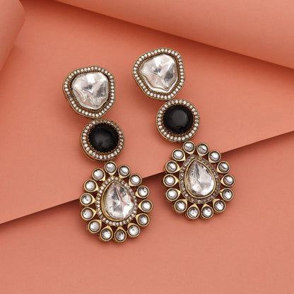 Black Color Royal Look Handmade Jaipur Earrings On Brass Metal With Moissanite Kundan And Monalisa Stones Studded On Apala Polish (ADE609BLK) - Preyans.com