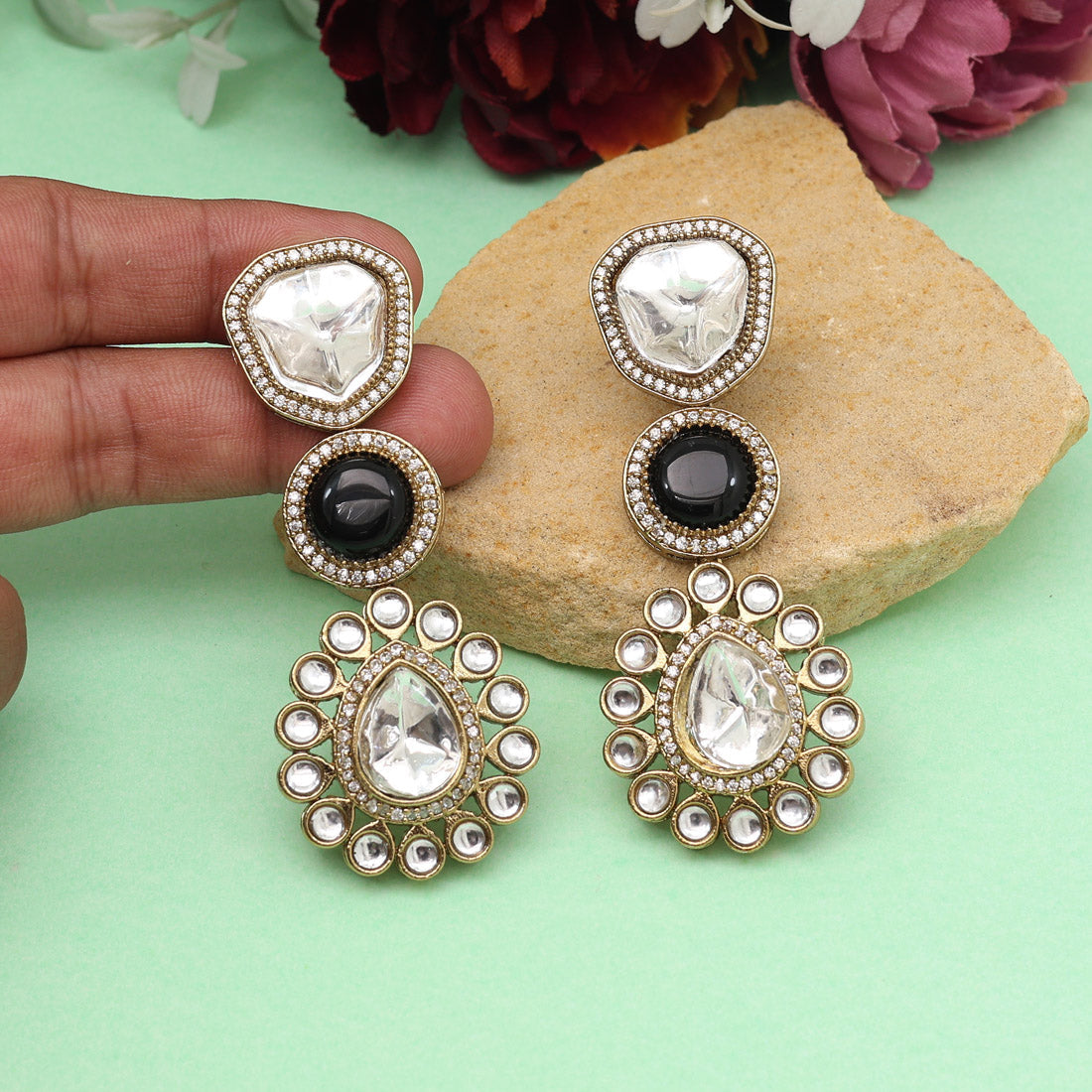 Black Color Royal Look Handmade Jaipur Earrings On Brass Metal With Moissanite Kundan And Monalisa Stones Studded On Apala Polish (ADE609BLK) - Preyans.com