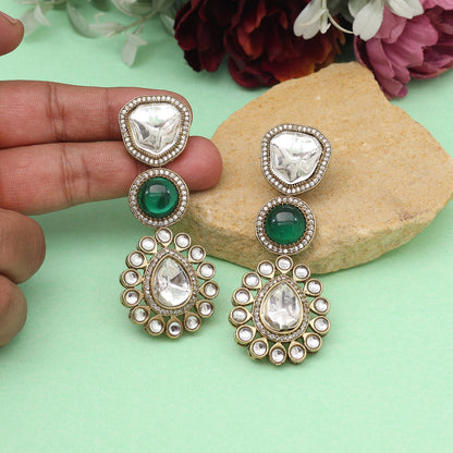 Light Green Color Royal Look Handmade Jaipur Earrings On Brass Metal With Moissanite Kundan And Monalisa Stones Studded On Apala Polish (ADE609LGRN) - Preyans.com