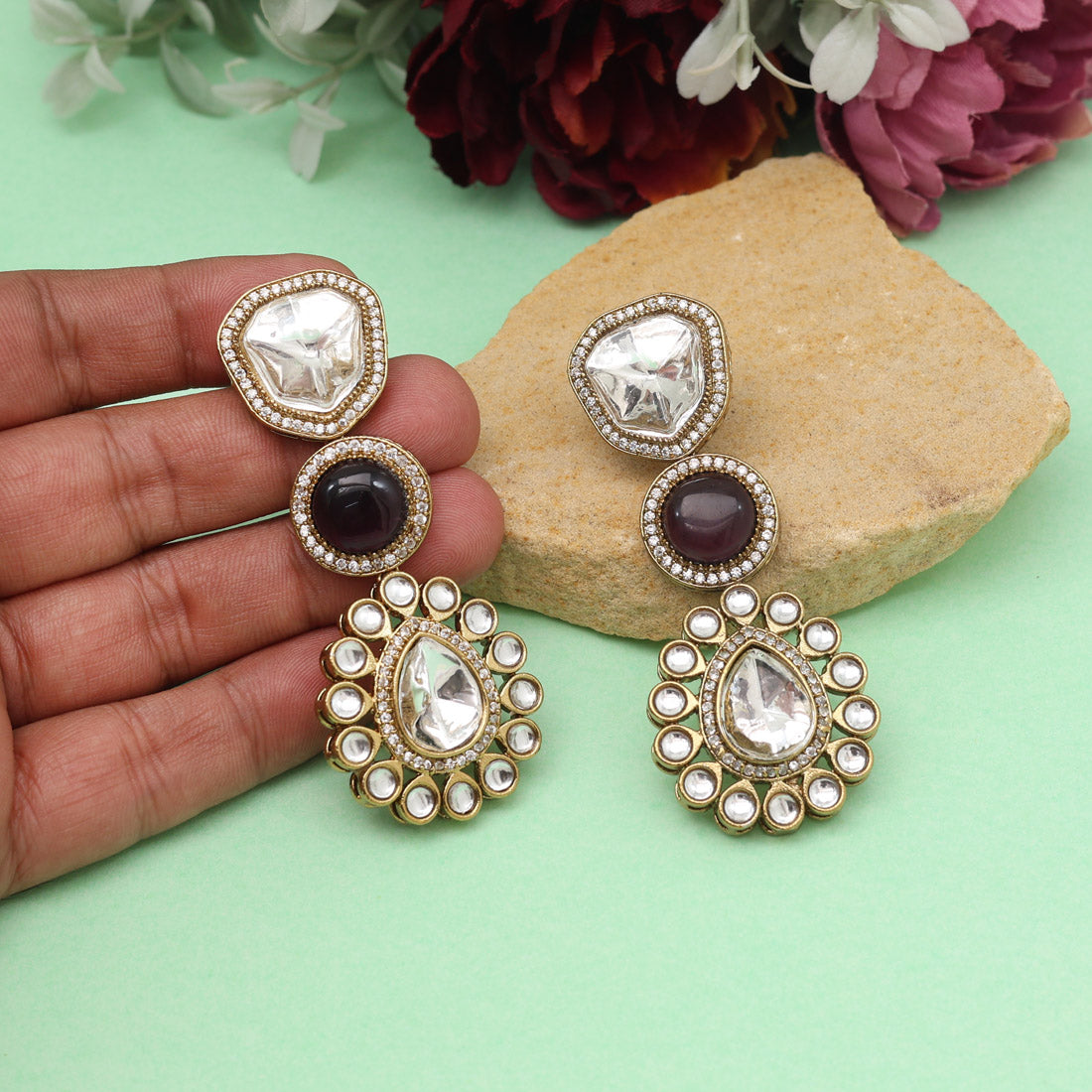 Light Purple Color Royal Look Handmade Jaipur Earrings On Brass Metal With Moissanite Kundan And Monalisa Stones Studded On Apala Polish (ADE609LPRP) - Preyans.com