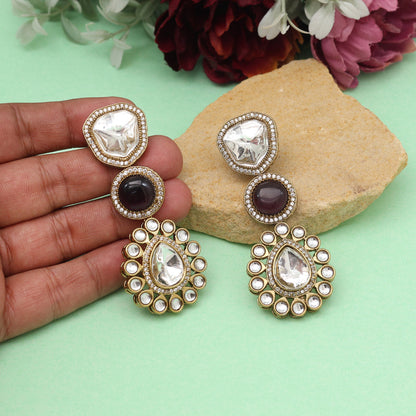 Light Purple Color Royal Look Handmade Jaipur Earrings On Brass Metal With Moissanite Kundan And Monalisa Stones Studded On Apala Polish (ADE609LPRP) - Preyans.com