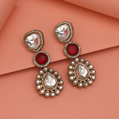 Red Color Royal Look Handmade Jaipur Earrings On Brass Metal With Moissanite Kundan And Monalisa Stones Studded On Apala Polish (ADE609RED) - Preyans.com