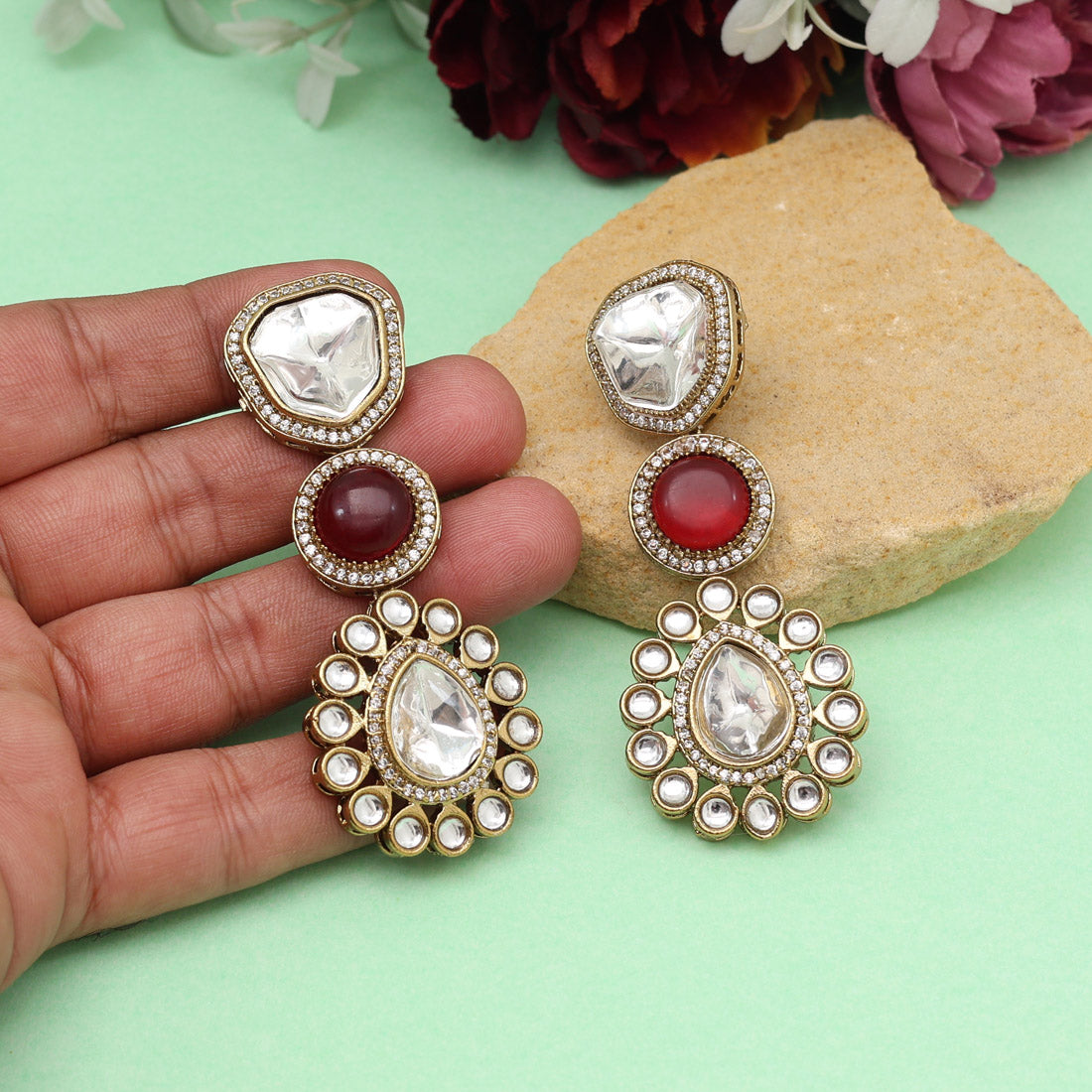 Red Color Royal Look Handmade Jaipur Earrings On Brass Metal With Moissanite Kundan And Monalisa Stones Studded On Apala Polish (ADE609RED) - Preyans.com