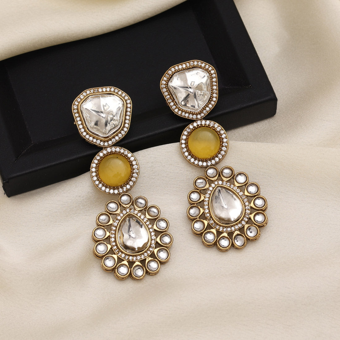 Yellow Color Royal Look Handmade Jaipur Earrings On Brass Metal With Moissanite Kundan And Monalisa Stones Studded On Apala Polish (ADE609YLW) - Preyans.com