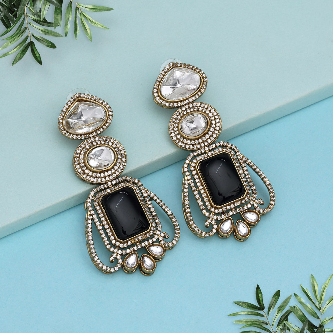 Black Color Royal Look Handmade Jaipur Earrings On Brass Metal With Moissanite Kundan And Monalisa Stones Studded On Apala Polish (ADE610BLK) - Preyans.com