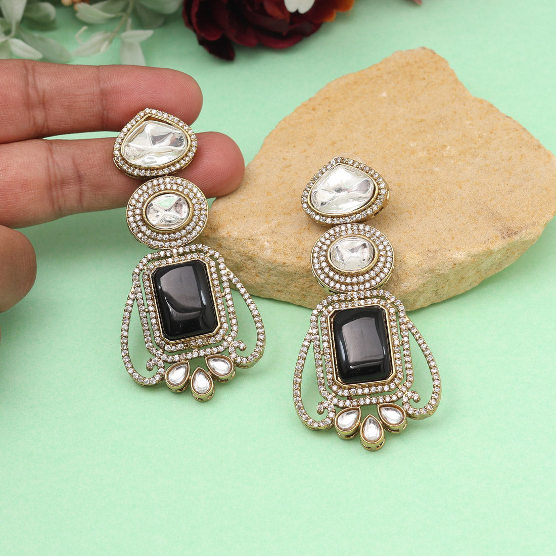 Black Color Royal Look Handmade Jaipur Earrings On Brass Metal With Moissanite Kundan And Monalisa Stones Studded On Apala Polish (ADE610BLK) - Preyans.com