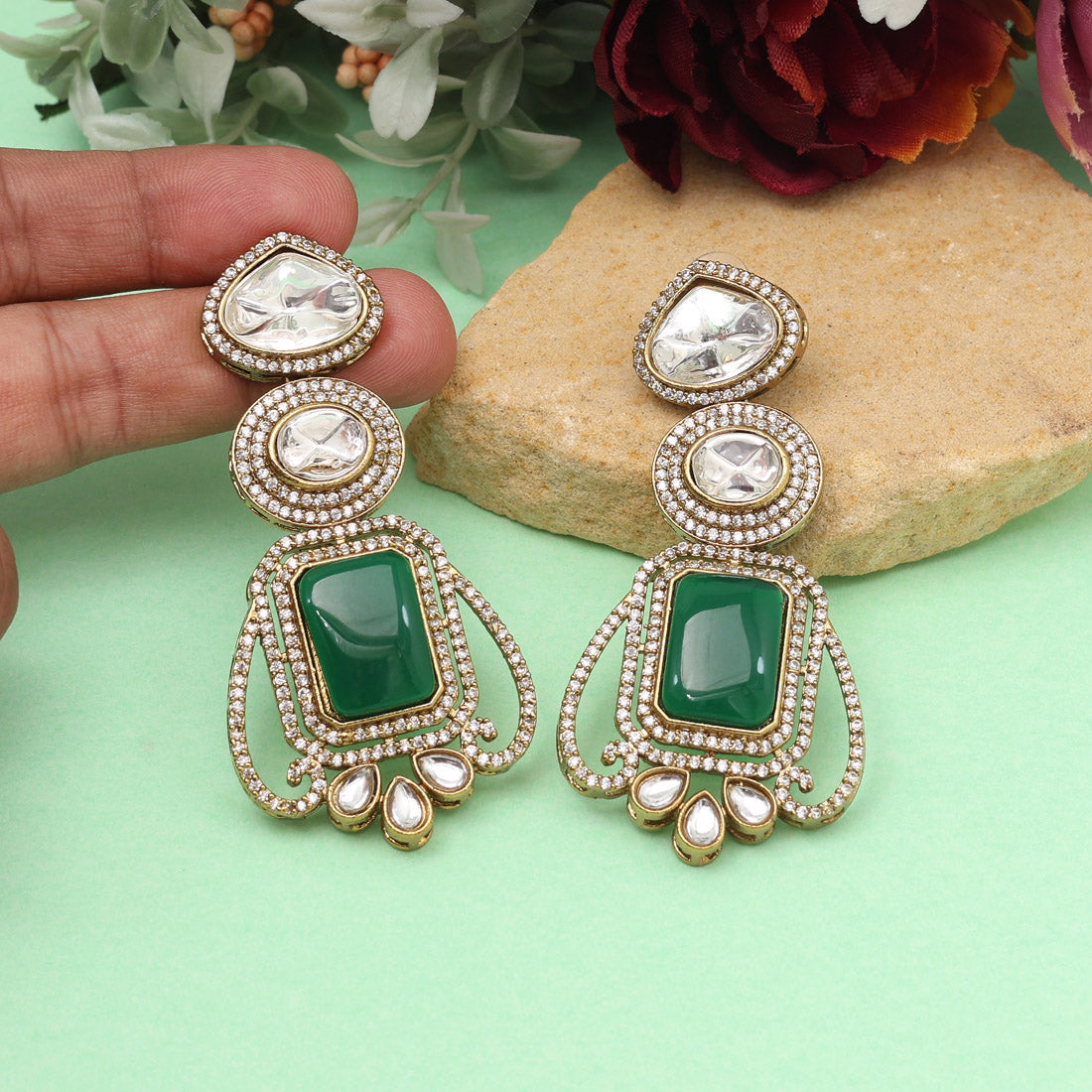 Green Color Royal Look Handmade Jaipur Earrings On Brass Metal With Moissanite Kundan And Monalisa Stones Studded On Apala Polish (ADE610GRN) - Preyans.com