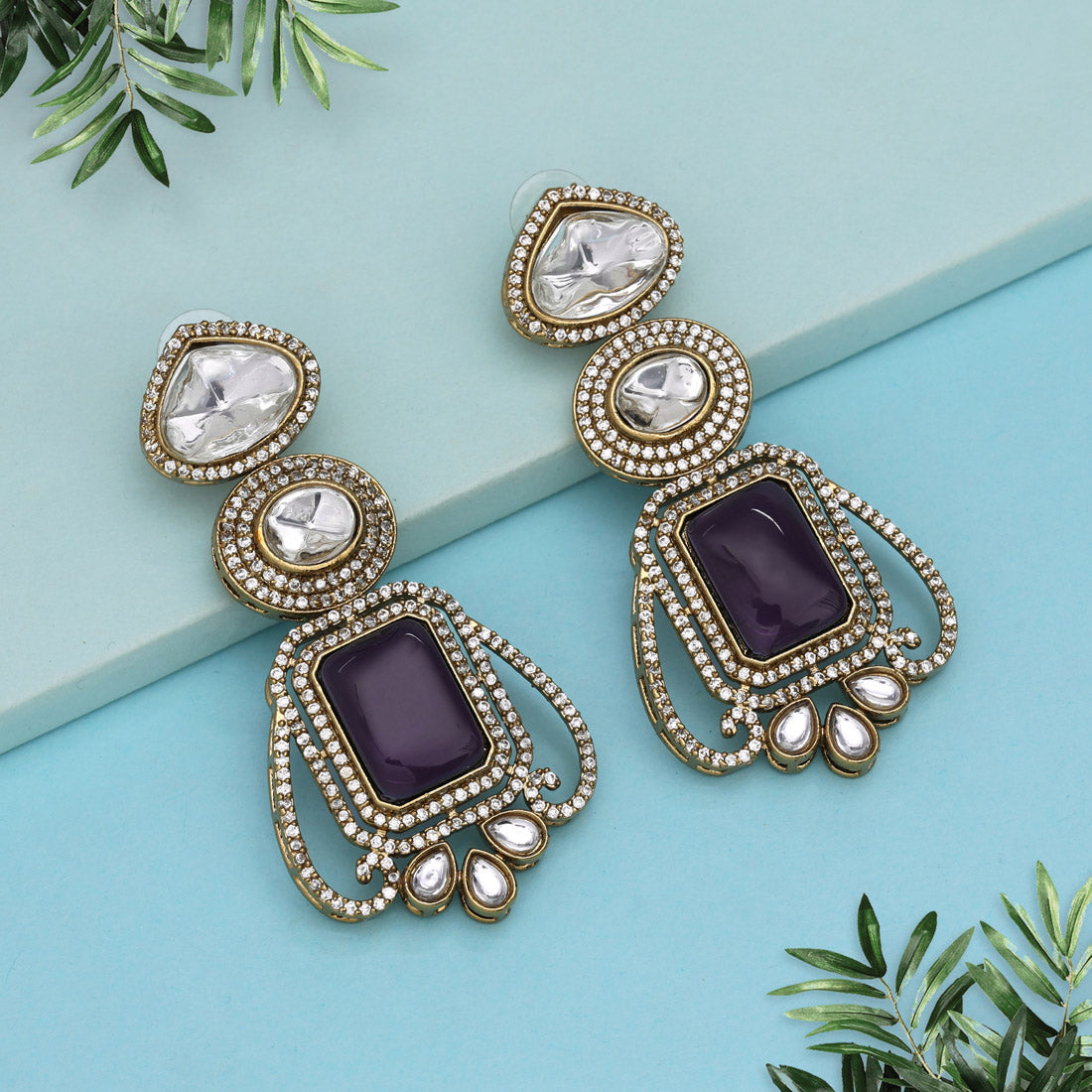 Light Purple Color Royal Look Handmade Jaipur Earrings On Brass Metal With Moissanite Kundan And Monalisa Stones Studded On Apala Polish (ADE610LPRP) - Preyans.com