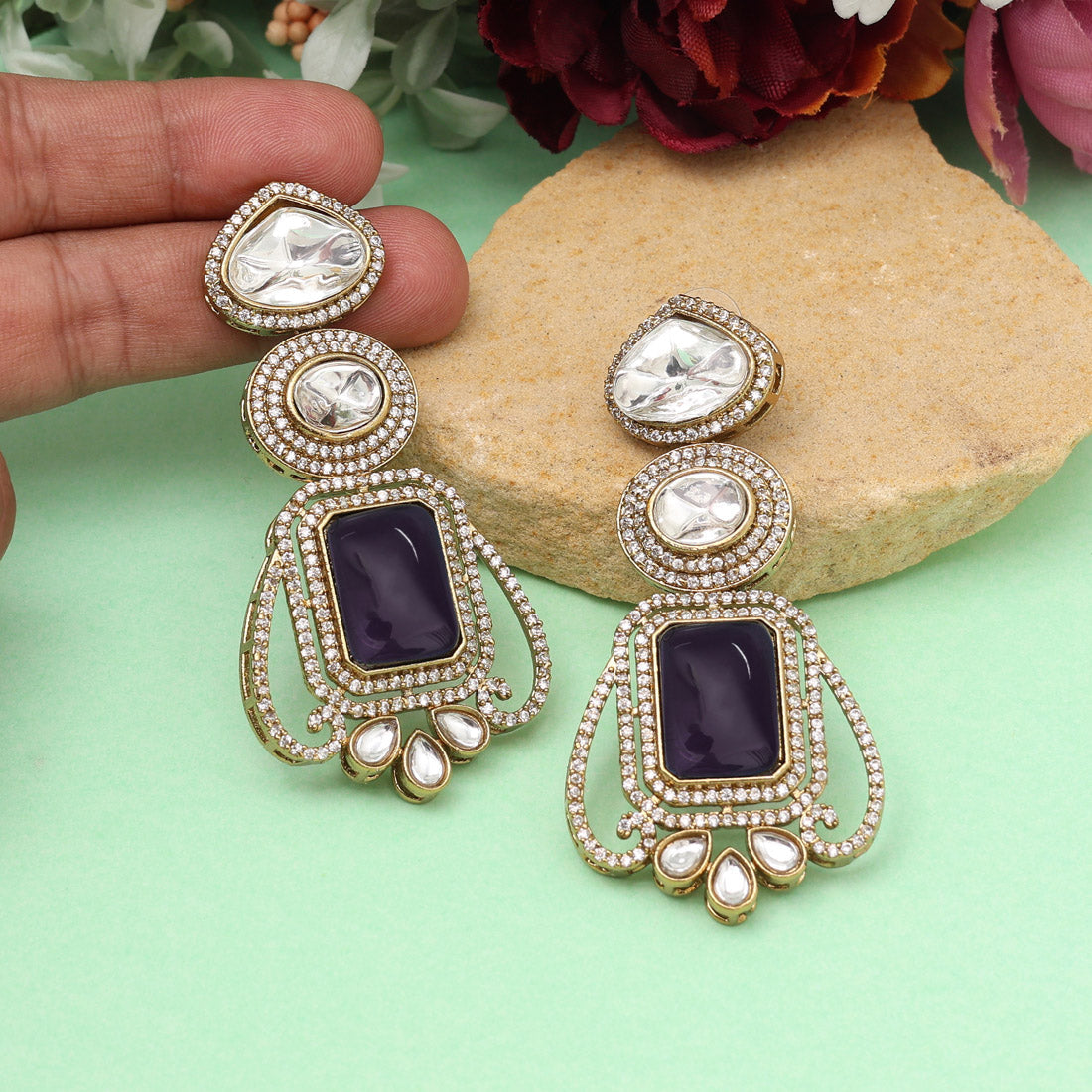 Light Purple Color Royal Look Handmade Jaipur Earrings On Brass Metal With Moissanite Kundan And Monalisa Stones Studded On Apala Polish (ADE610LPRP) - Preyans.com