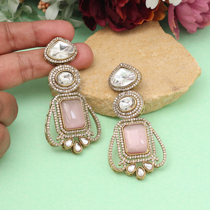 Pink Color Royal Look Handmade Jaipur Earrings On Brass Metal With Moissanite Kundan And Monalisa Stones Studded On Apala Polish (ADE610PNK) - Preyans.com