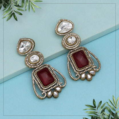 Red Color Royal Look Handmade Jaipur Earrings On Brass Metal With Moissanite Kundan And Monalisa Stones Studded On Apala Polish (ADE610RED) - Preyans.com